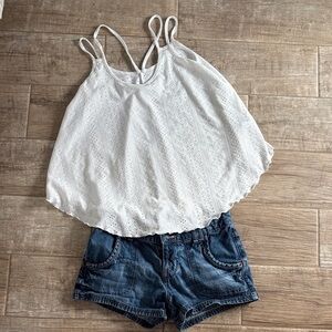 White Lace Women's Top paired denim low rise shorts outfit bundle.